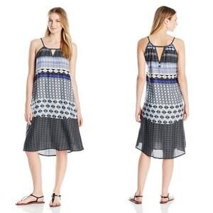 Prana Blue White‎ Nari Keyhole Geometric Print Relaxed Breathable Dress Medium